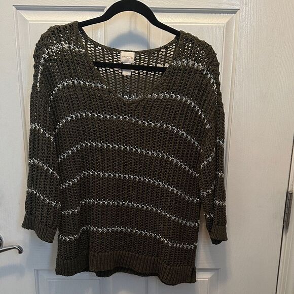 Chico's Sweaters - Chico's Dark Olive Green and Silver V-Neck Open Knit Sweater 3/4 Sleeve Size 1